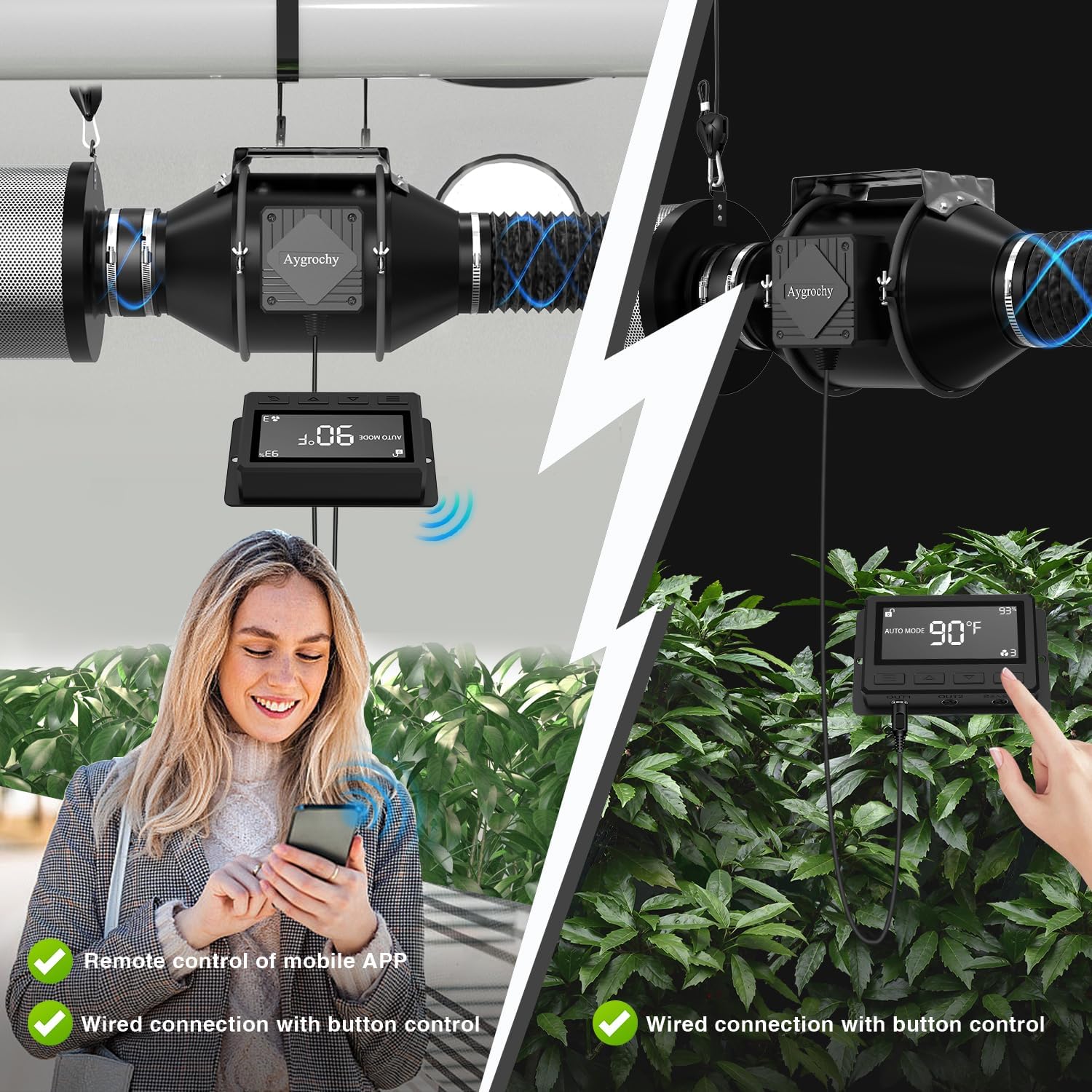 Aygrochy Abluftset 100mm,Rohrventilator mit Temperatur- und Feuchtigkeitsregler, WiFi App Steuerung, Aktivkohlefilter Schlauch Abluft Lüfter, Belüftungssystem Lüftungsset für Growzelt