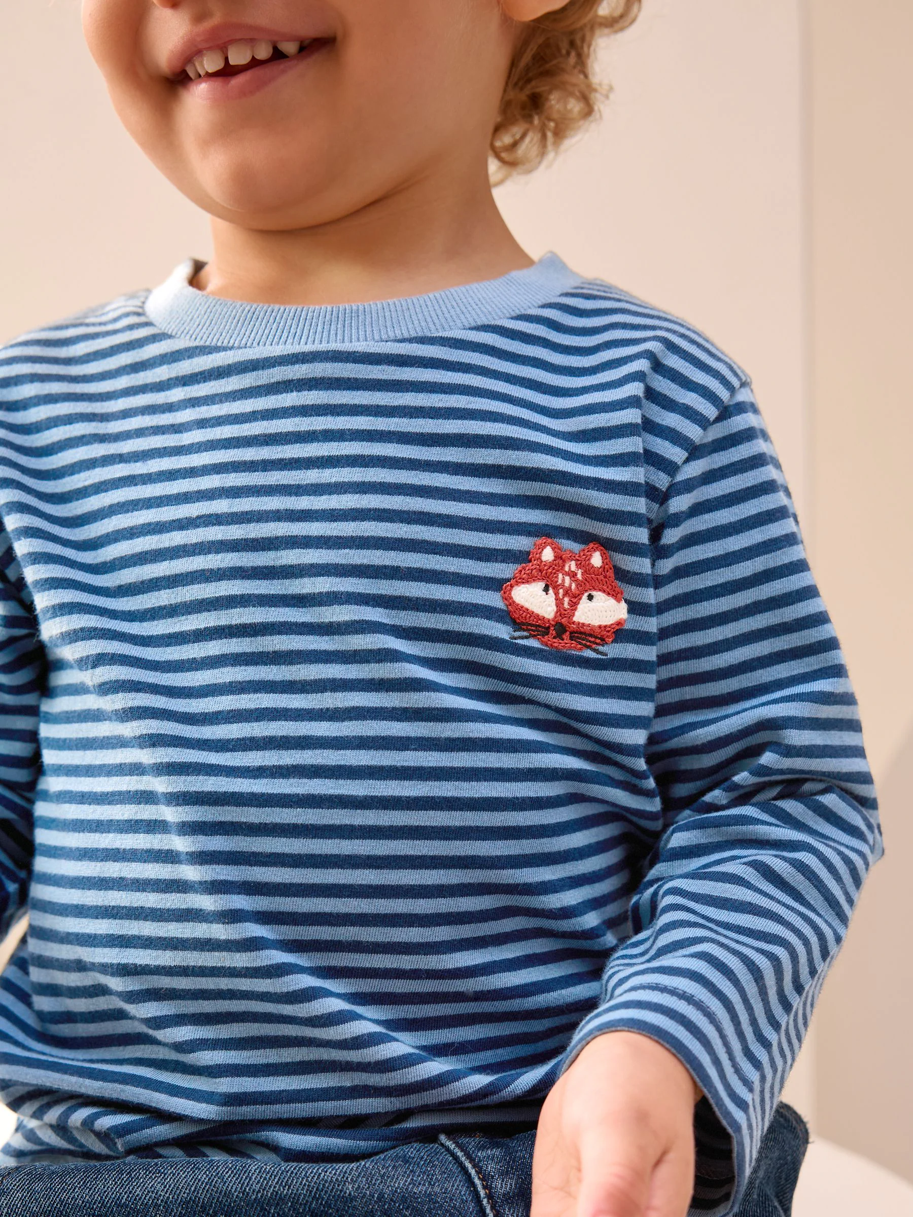 Blauw/marineblauw gestreept met vos - T-shirt met applicatie en lange mouwen (3 mnd-7 jr)
