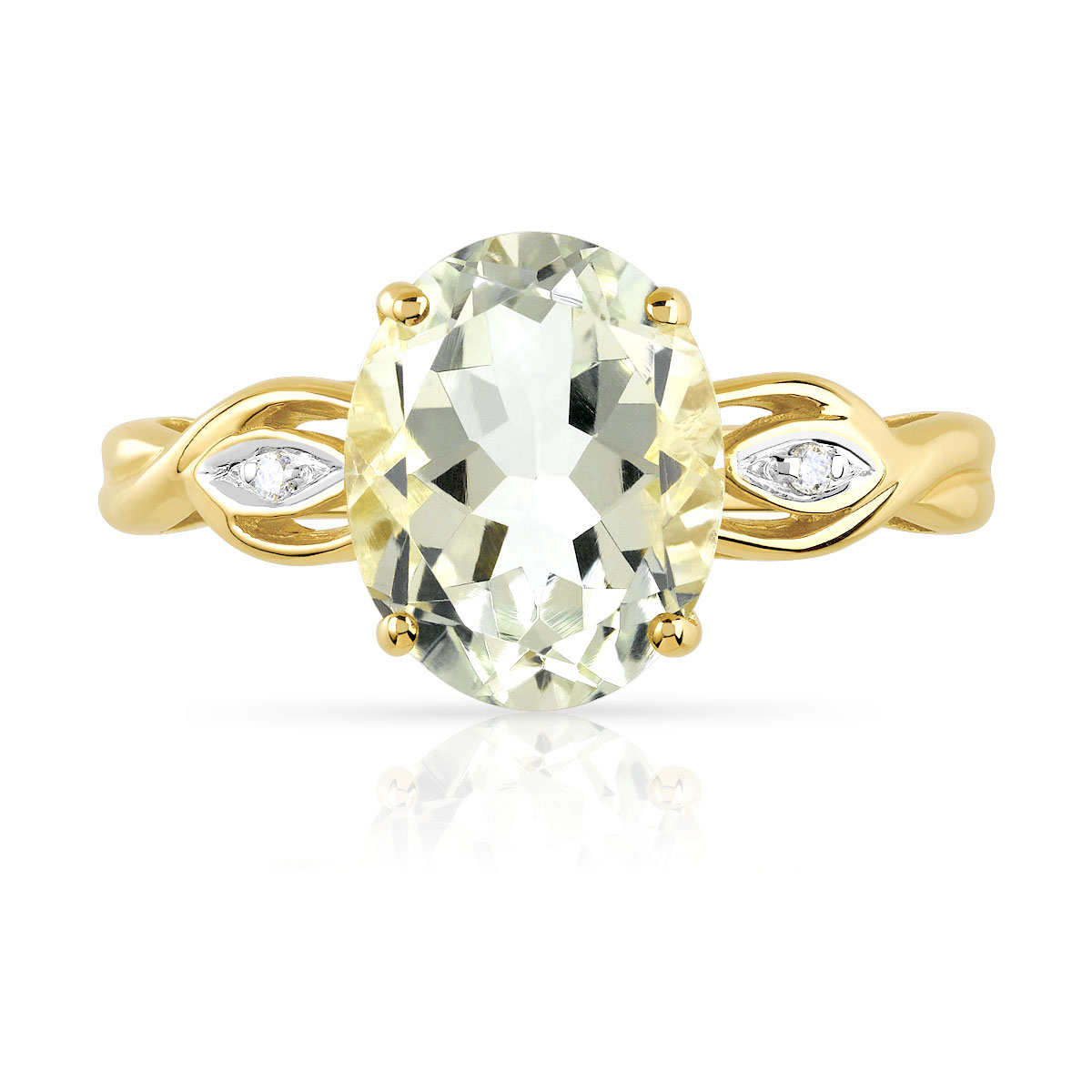 Bague or 375 2 tons quartz vert ovale et diamants