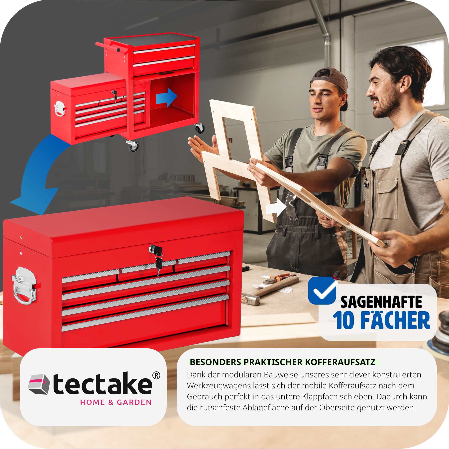 tectake® Werkzeugwagen, 8 kugelgelagerte Schubladen mit Antirutschmatten, großes Klappfach, mobiler Kofferaufsatz mit zentraler Sicherheitsverriegelung, Rollen Ø 100 mm