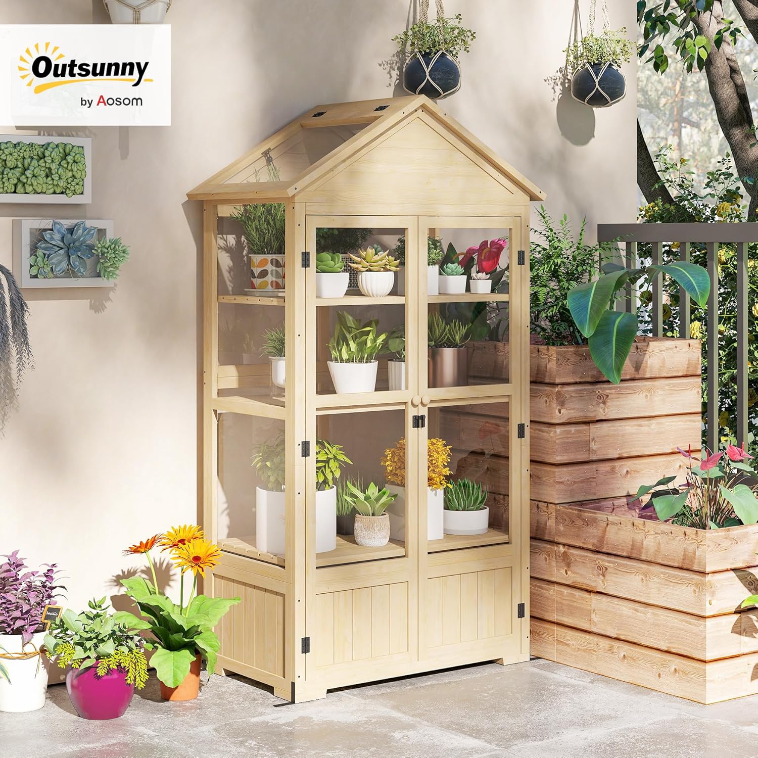 Outsunny Frühbeet aus Holz Abschließbar Gewächshaus Treibhaus mit 4 Ebenen, Dachfenster, Frühbeetkasten mit Doppeltür, für Garten, Balkon, Natur, 100 x 56,5 x 178 cm