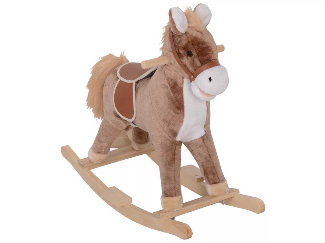 Cheval à bascule cheval de cowboy selle grand confort peluche courte douce bois peuplier marron