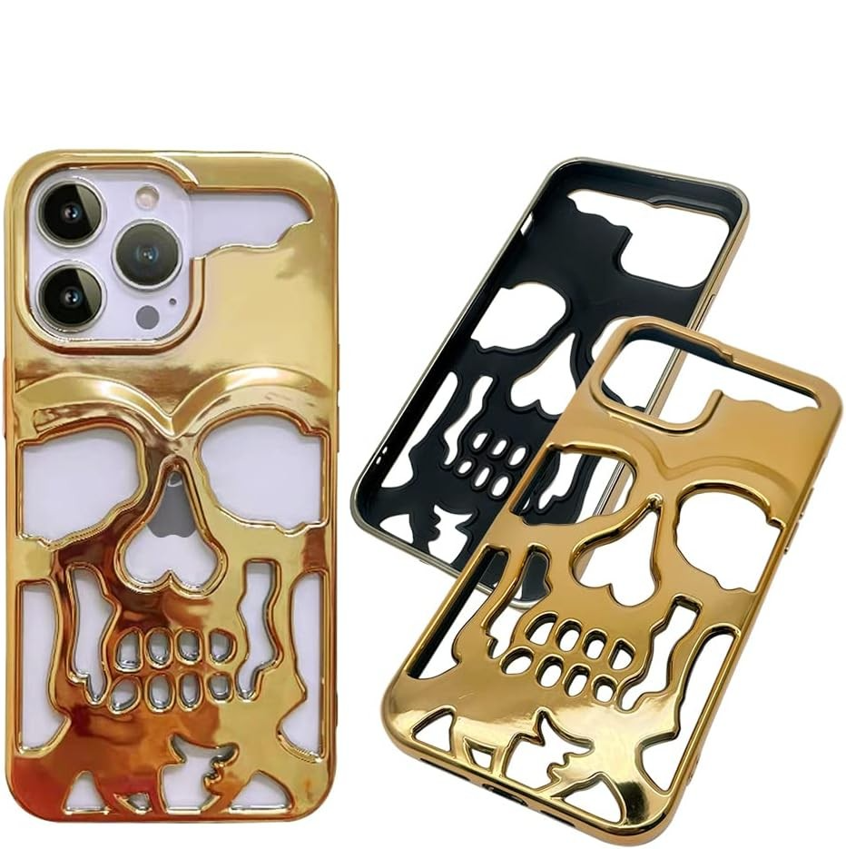 iPhone 14 Gummi Hülle Totenkopf Skull mit 3D Ausschnitt - Gold