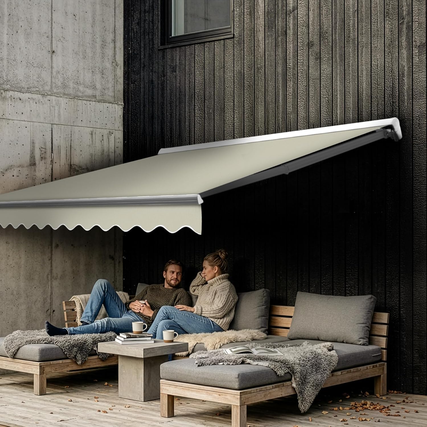 Eclipse Kassettenmarkise Halbkassette Gelenkarm Sonnenschutz Markise Sonnenmarkise Balkonmarkise elektrisch Standard 3,95x3 m Stoff 280g/m² Polyester (PE) UV-Schutz 50+, Markisentuchfarbe: Beige