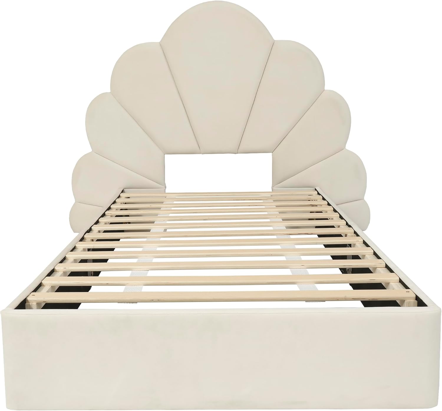 I0I&I0I Einzelbett Polsterbett Samt Beige, Kinderbett Jugendbett mit Kopfteil Blütenblätter, Stabiler Lattenrost, Metallrahmen, Modern Stilvoll rutschfest Einfacher Aufbau (90x200cm)