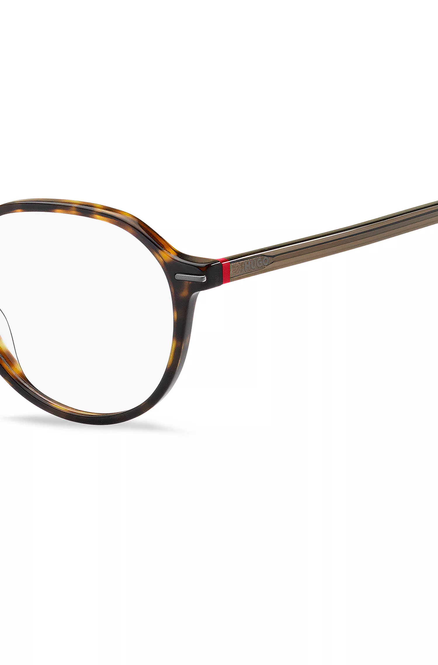 Armação de óculos HUGO em acetato vermelho Havana com detalhes em vermelho.