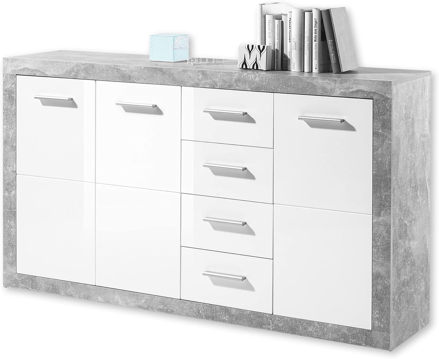 STONE Kommode mit Schubladen in Beton Optik, Weiß Hochglanz - Moderne Kommode mit viel Stauraum für Ihren Wohnbereich 152 x 88 x 37 cm (B/H/T)