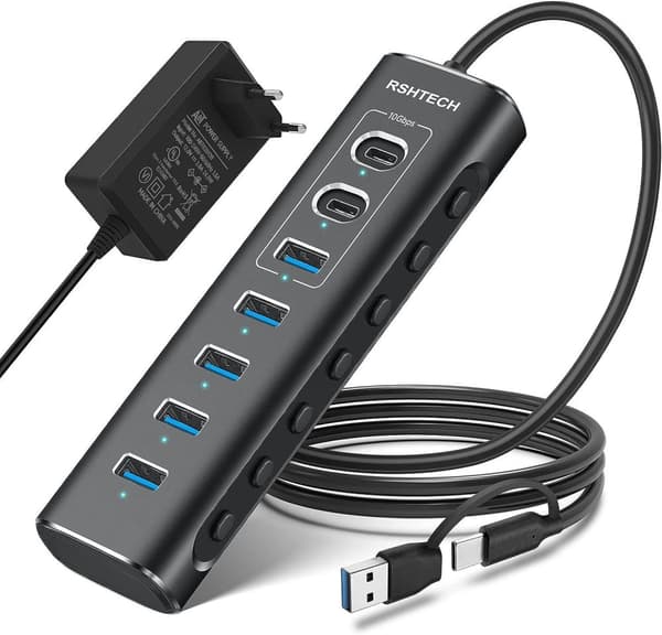 NÖRDIC GEN 3.2 USB-C og USB-A drevet Hubb 7-porter 3x10Gbps 4x5Gbps 1m kabel individuell bryter