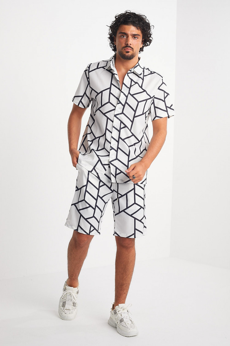 Ensemble 2 pièces chemise + short blanc à motif géométrique