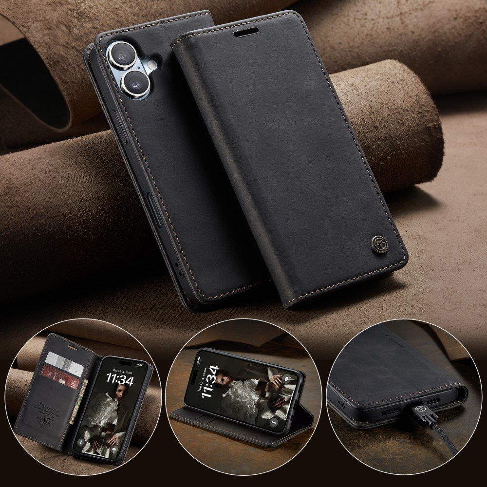 iPhone 16 Leder Tasche Flip Wallet Etui mit Kartenfächern - Schwarz