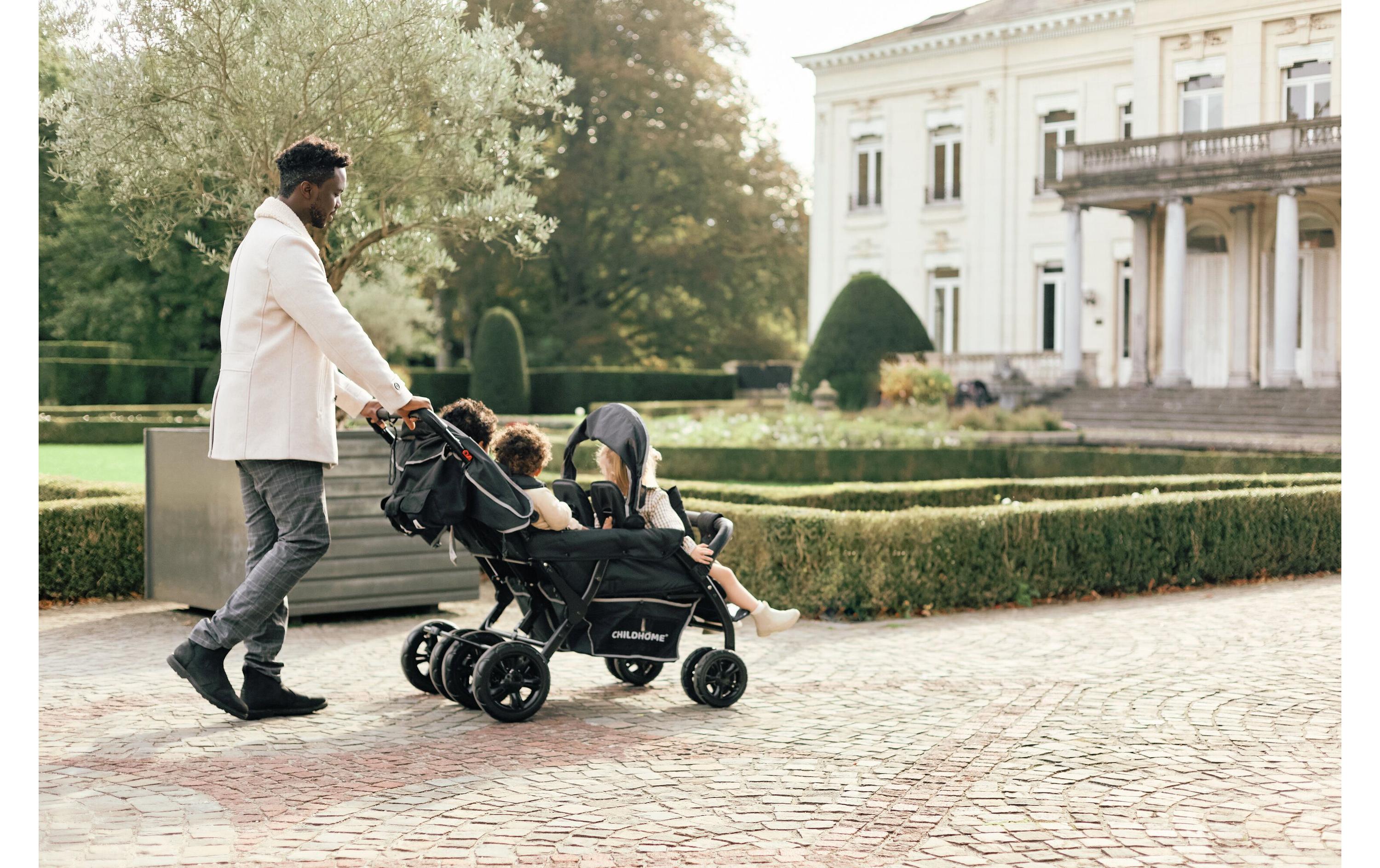 Mehrlingswagen Quadruple, Schwarz<br>Geschwisterkinderwagen mit Regenschutz und Sonnenschutz