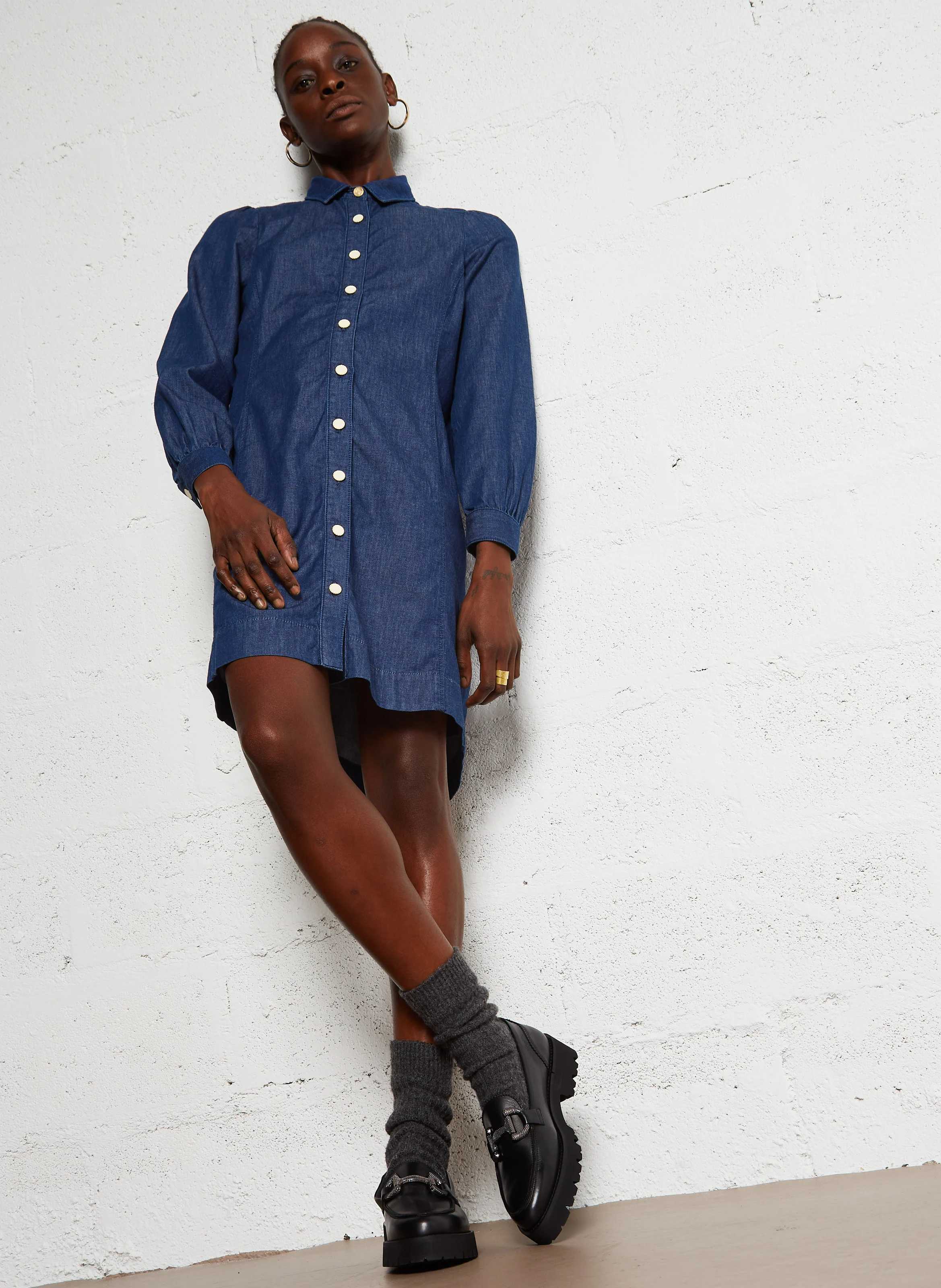 Robe chemise denim en coton| Bleu