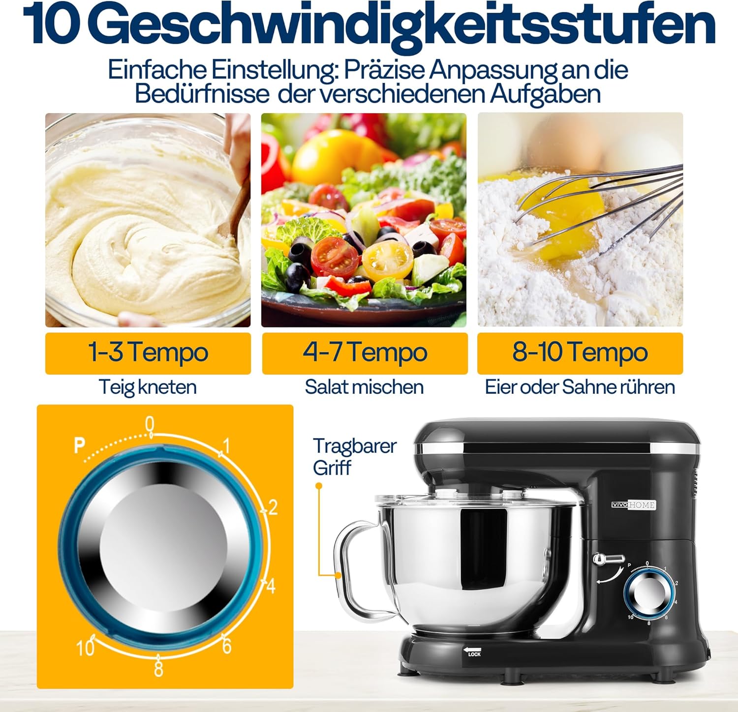 VIVOHOME Küchenmaschine 5,7L Knetmaschine 1500W Küchenmaschinen mit 10 Geschwindigkeiten Pulsfunktion Teigmaschine mit Spritzschutz Rührmaschine mit Knethaken Schneebesen und Eigelbtrenner