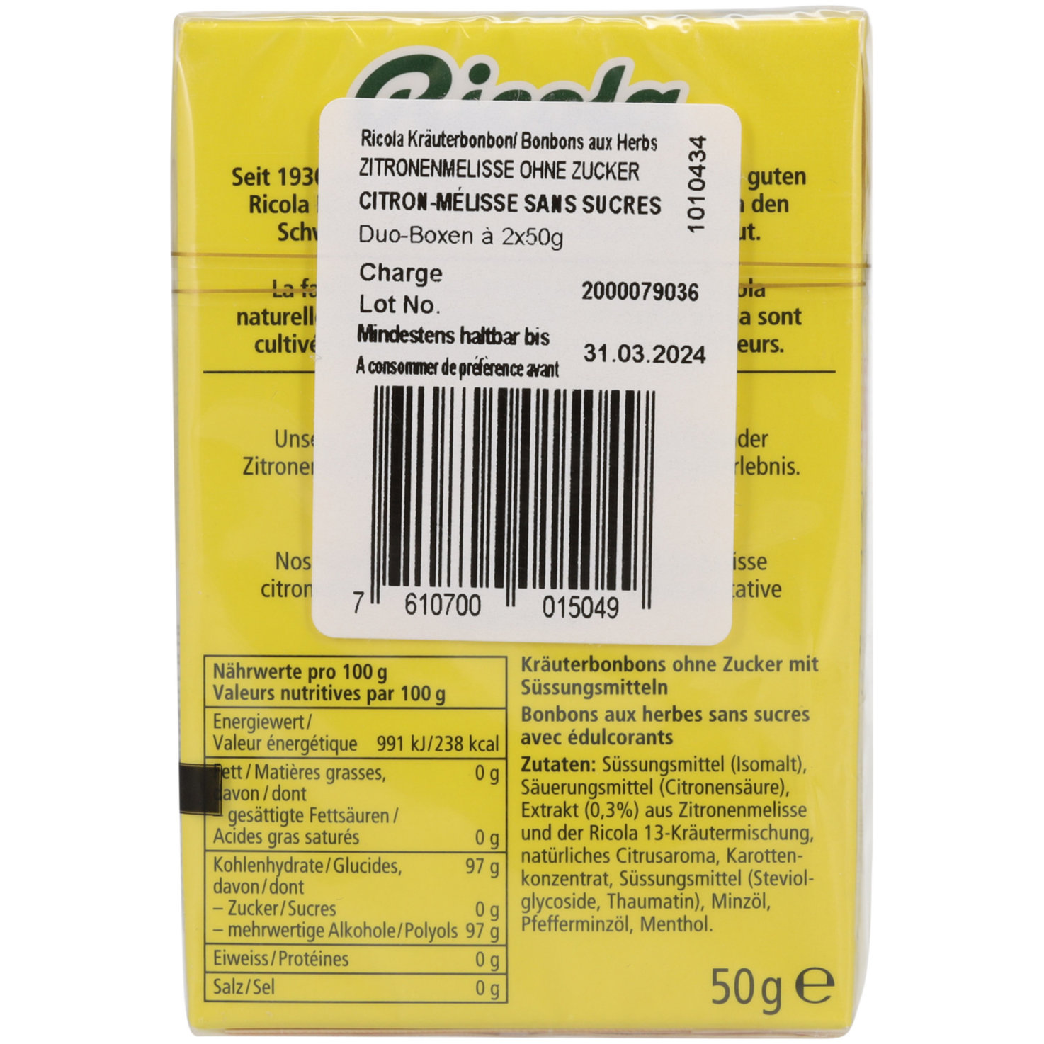 Ricola Bonbons Zitronenmelisse ohne Zuckerzusatz 2x50g