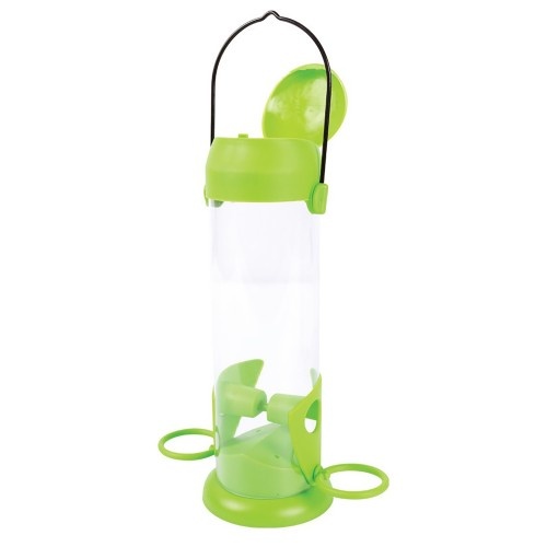 Alimentador verde com duas aberturas para pássaros silvestres.