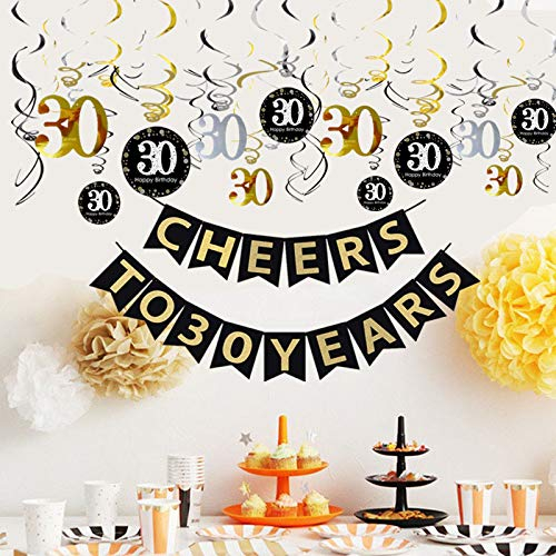 (32-tlg. Set) Cheers to 30 Years Girlande Geburtstags Party Deko Latex Luftballons mit Konfetti / Spiral Girlande / Streukonfetti - Schwarz / Gold
