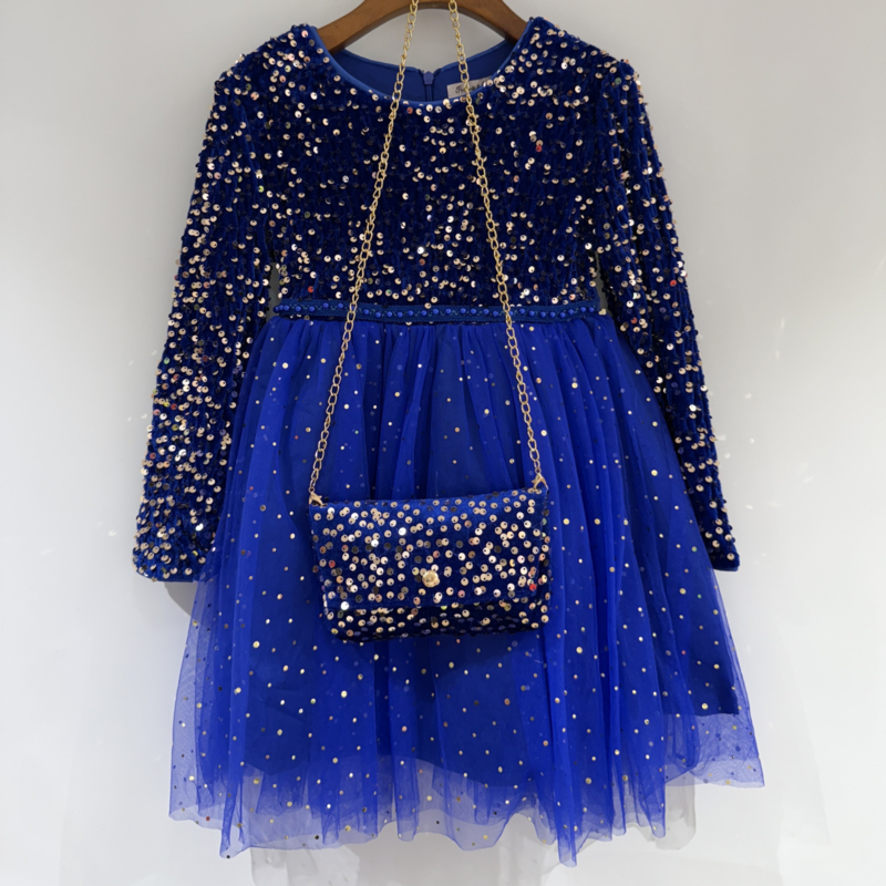 Glitter Tule Party Dress with Bag - blauw