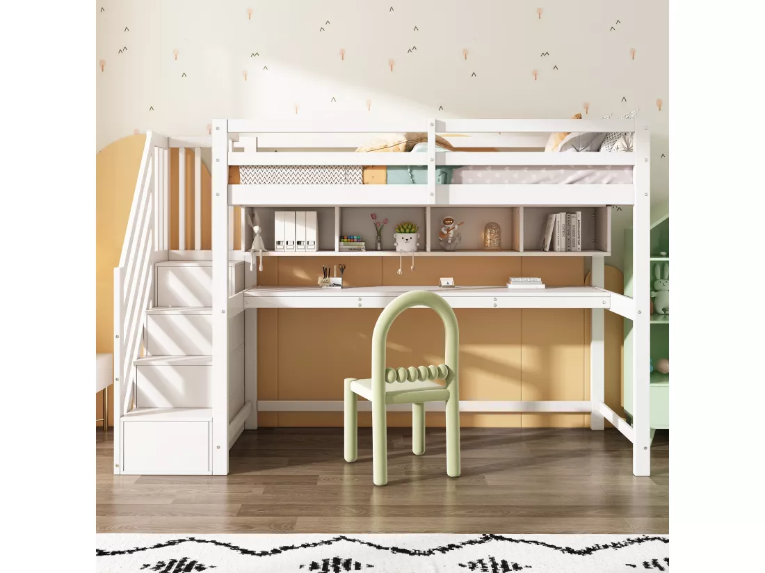 Lit Mezzanine enfant - 90 x 200 cm - avec bureau et étagères - 4 rangements dans l'escalier - bois massif + MDF - blanc