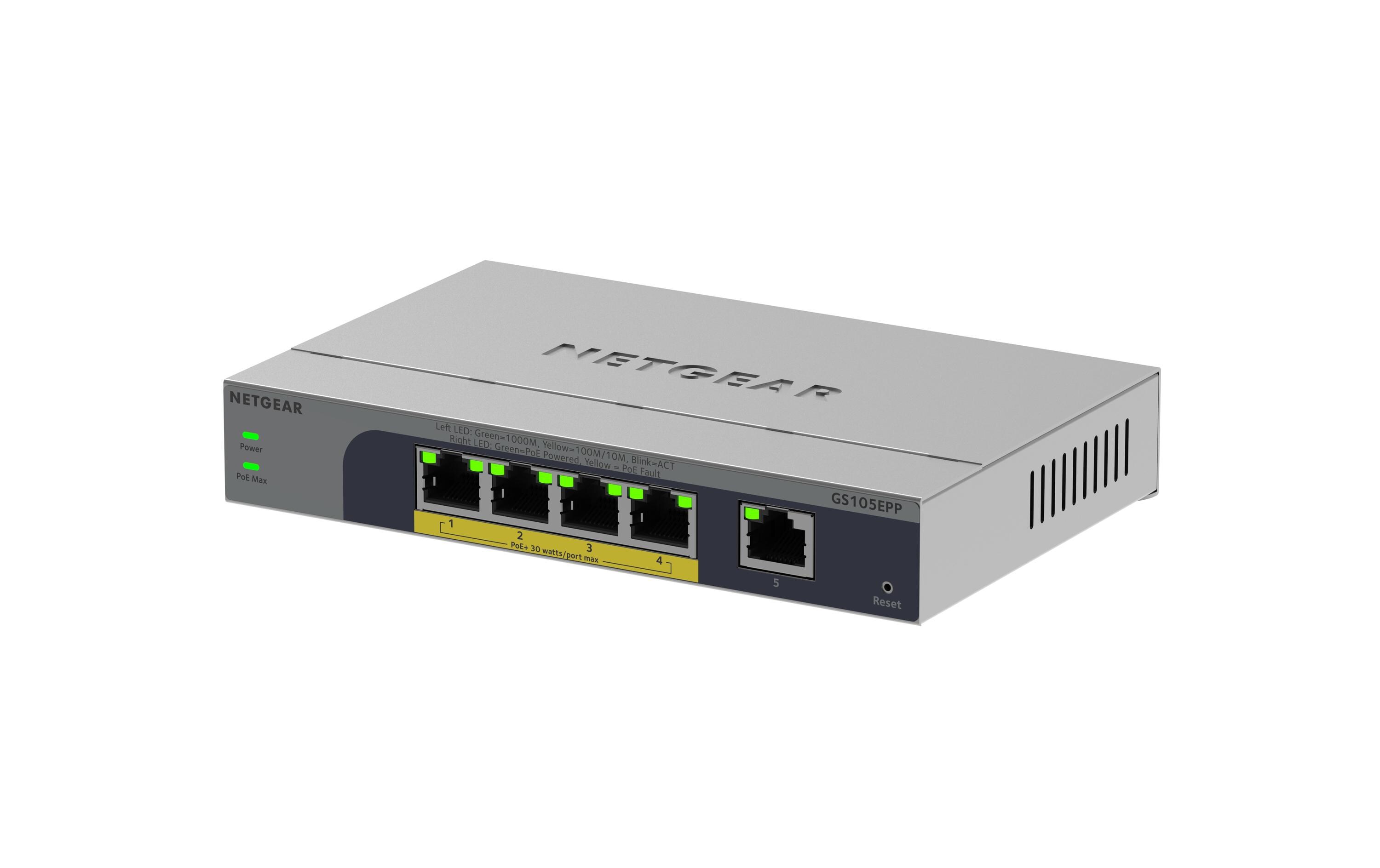 PoE+ Switch GS105EPP-100EUS 4 Port5-Port Gigabit Ethernet Hochleistungs PoE + Plus Switch, PoE Budget 120 W, lüfterlos, Metallgehäuse