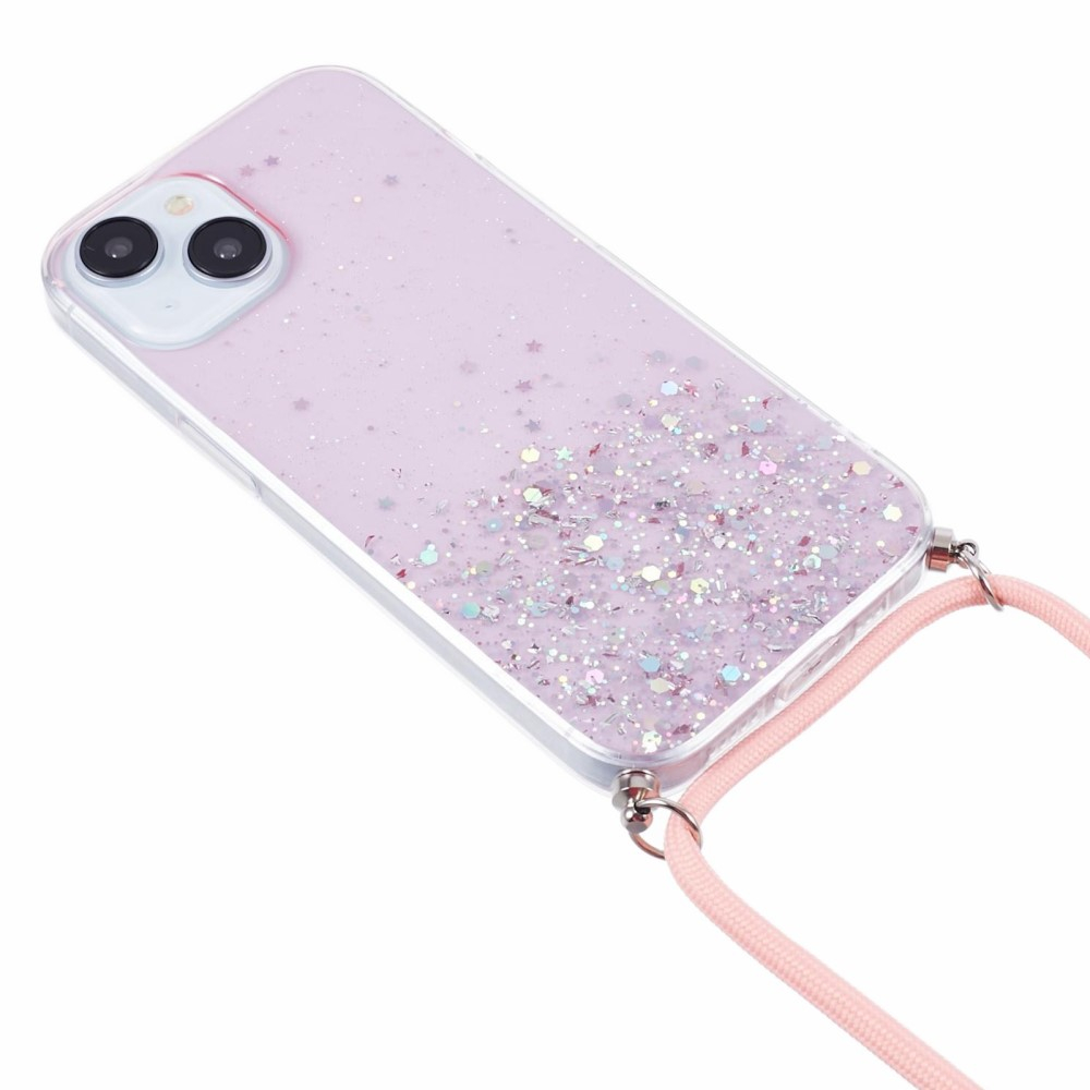 iPhone 15 Necklace Gummi Hülle im Glitzer Design   Handykette (140cm) - Rosa / Transparent