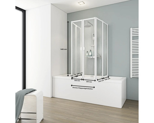 Badwand 2 x 3-delig SCHULTE Komfort 104 x 140 cm Glasdecor druppel Profielkleur wit D1700 04 01 140