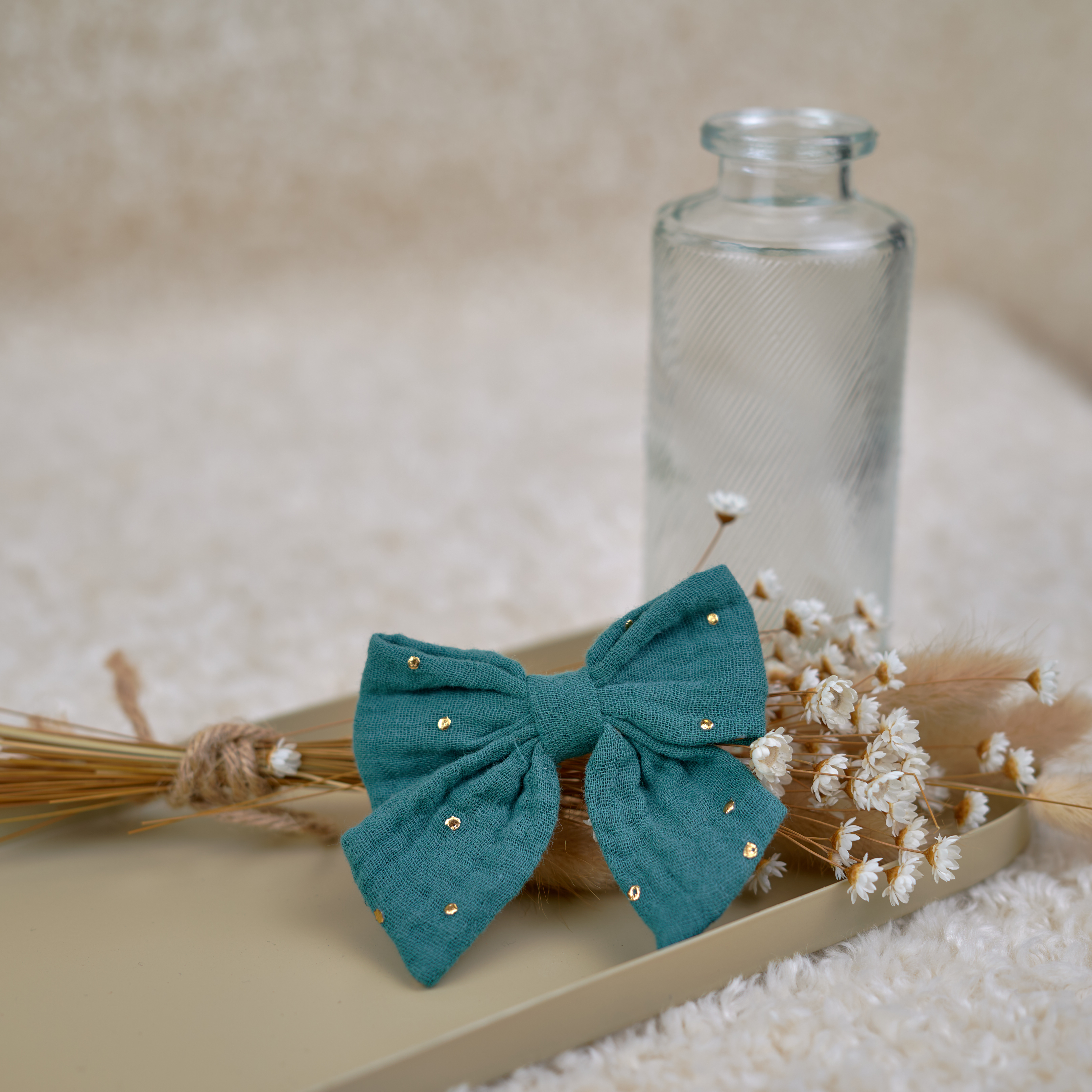Barrette Noeud Papillon Gaze Pois Or Eucalyptus