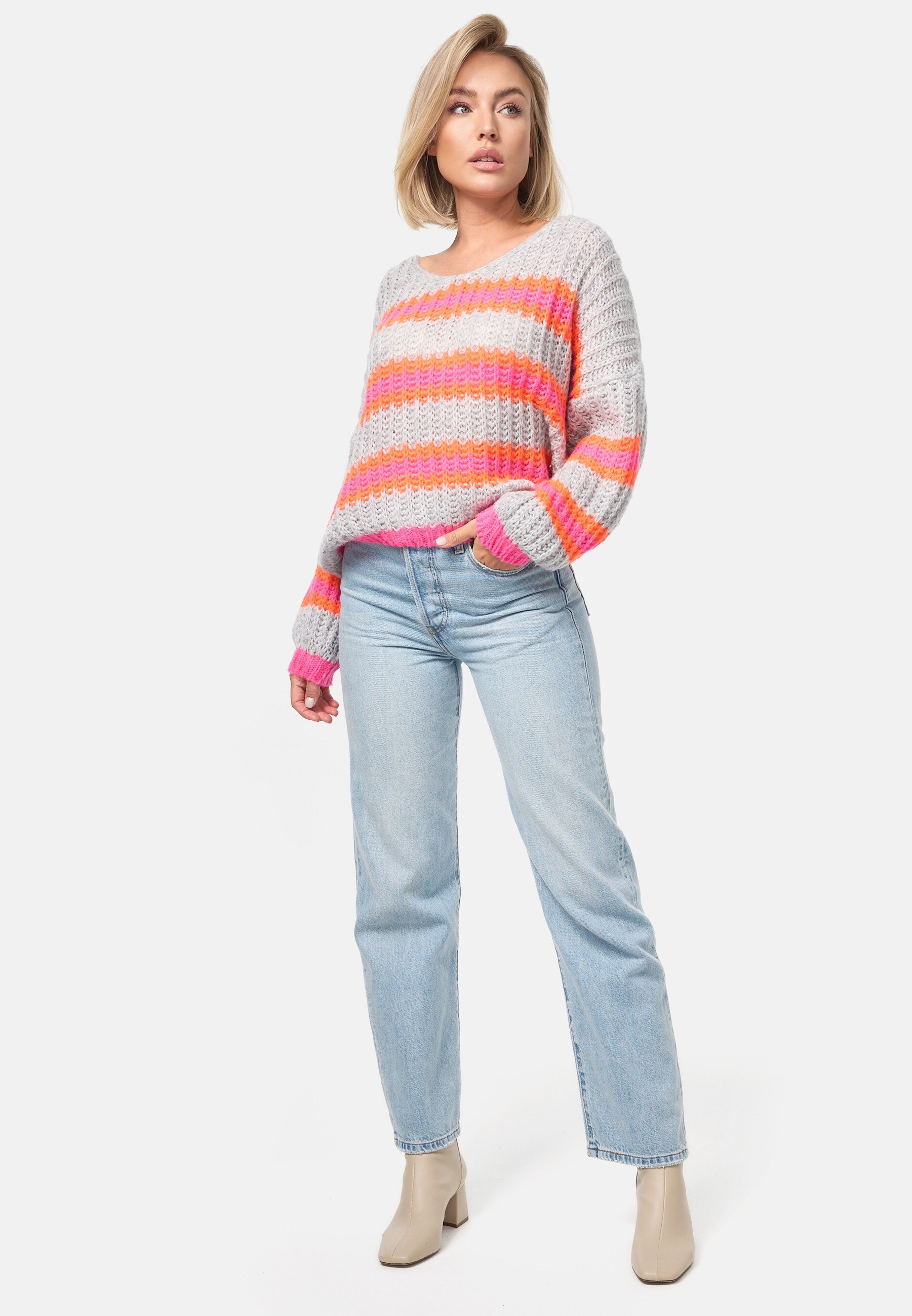PM SELECTED Damen Strickpullover Kuscheliger Bunter Pullover Gestreifter Pulli in Einheitsgröße PM01