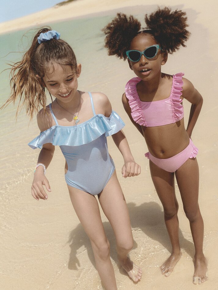 Conjunto de biquíni de duas peças brilhante com babados e elástico de cabelo - Rosa Pastel