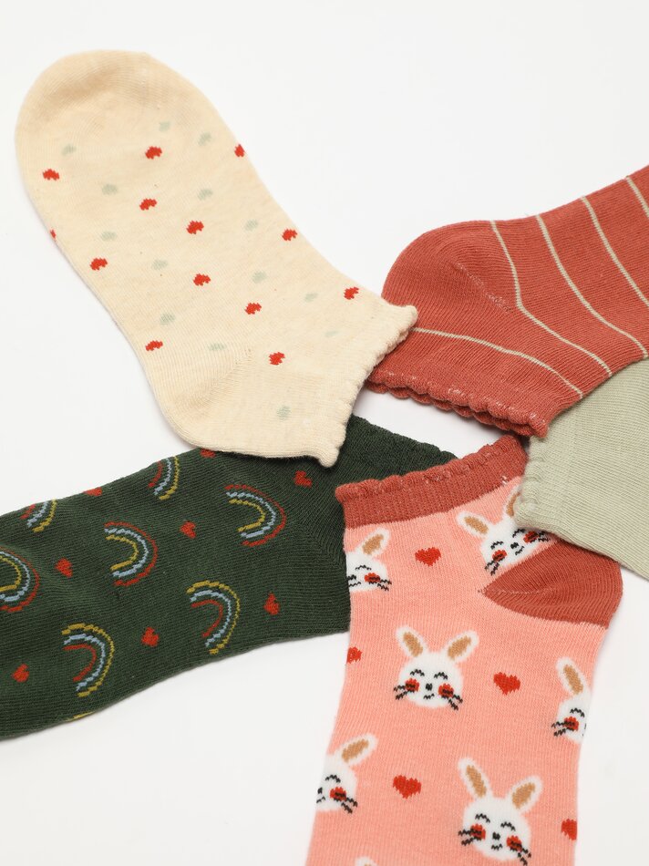 Pacote com 5 pares de meias curtas estampadas - Cores sortidas