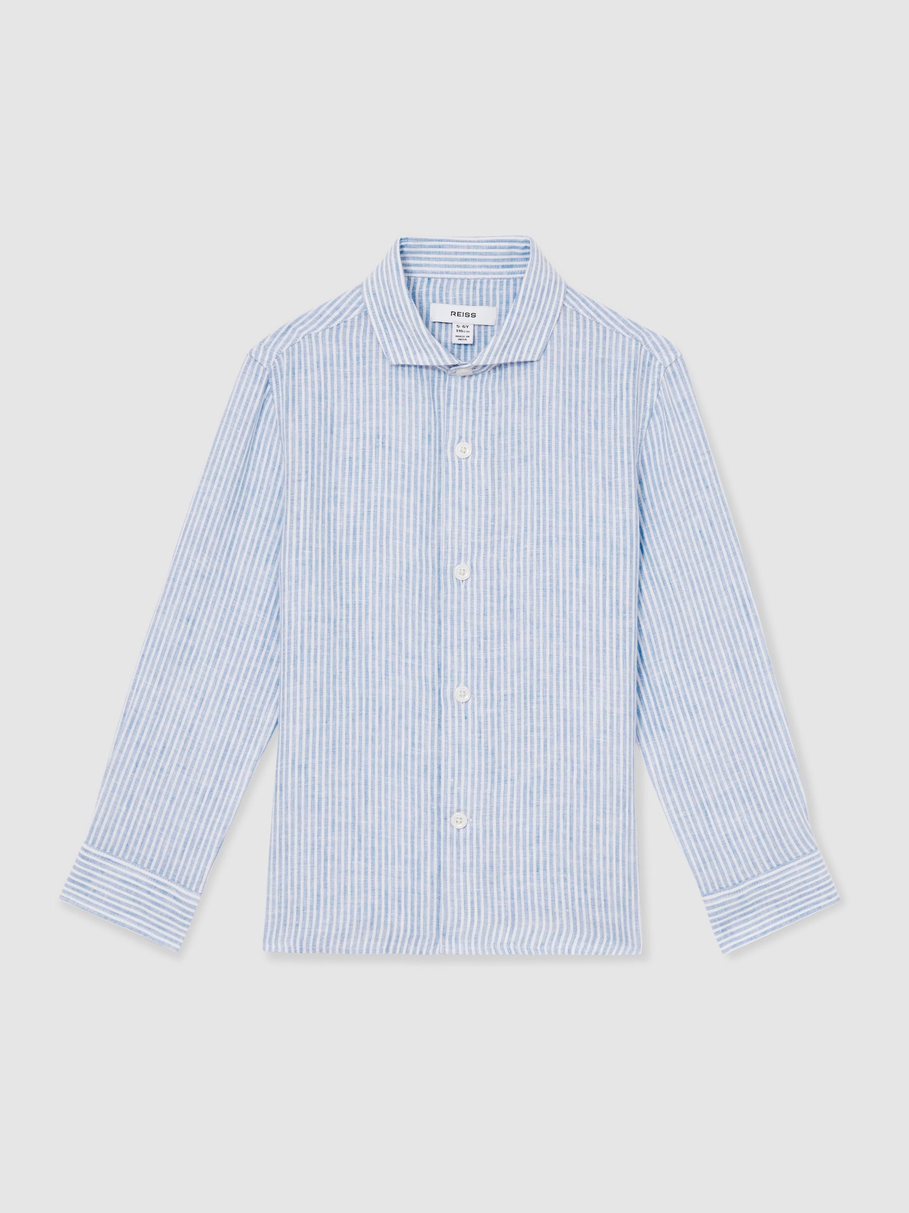 Blauw/witte streep - Reiss Ruban overhemd met ingeslepen kraag van linnen