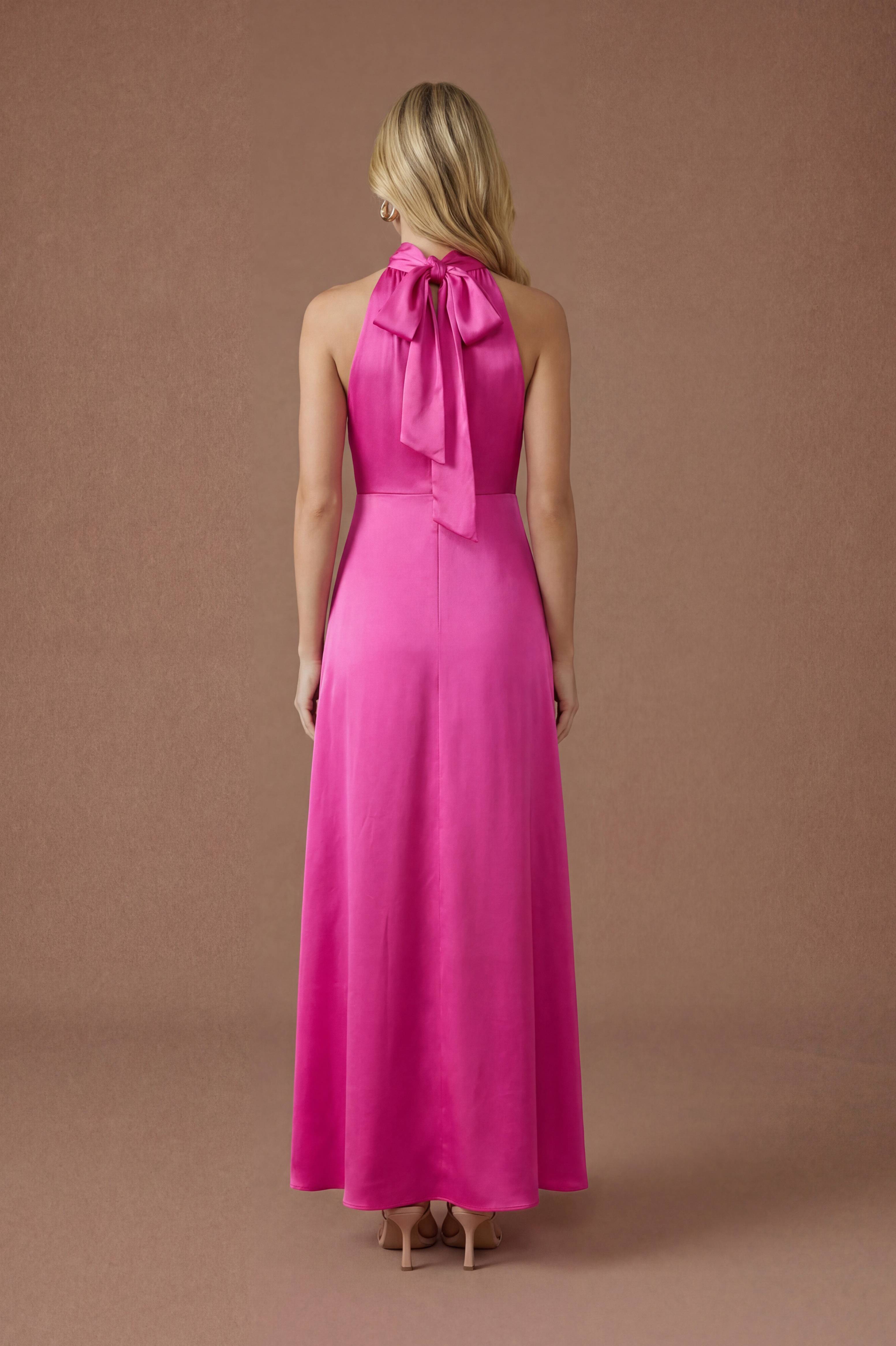 Oasis Robe Longue De Demoiselle D'honneur Rose Vif En Satin Avec Col Licou