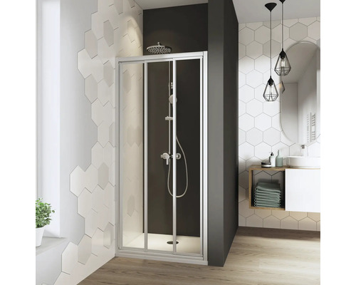 Breuer Fara 4 80 cm schuifdeur, parelmoerkleurig acryl glas, mat zilver profiel.
