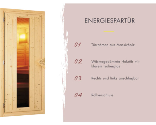 Karibu Carina modulaire sauna zonder oven en dakrand, met houten deur en geïsoleerd glas.