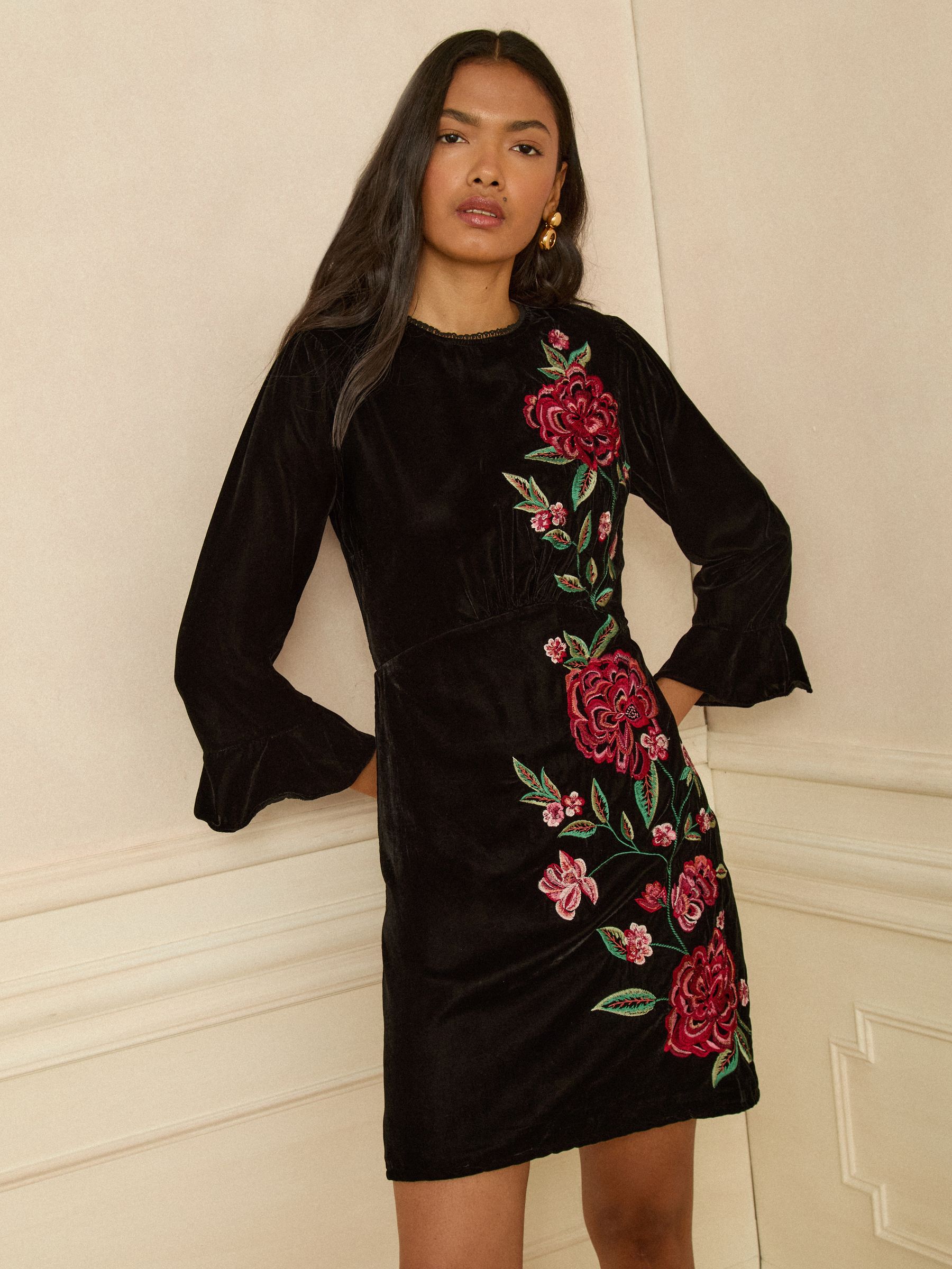 Love & Roses Velvet Rose Embroidered Mini Dress
