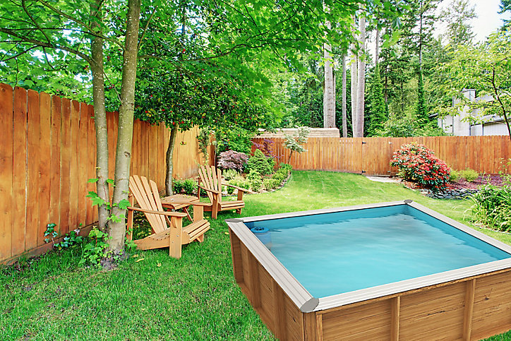 Piscine hors sol bois carrée Pistoche 2 x 2 x h.0,64 m + couverture de sécurité automatique