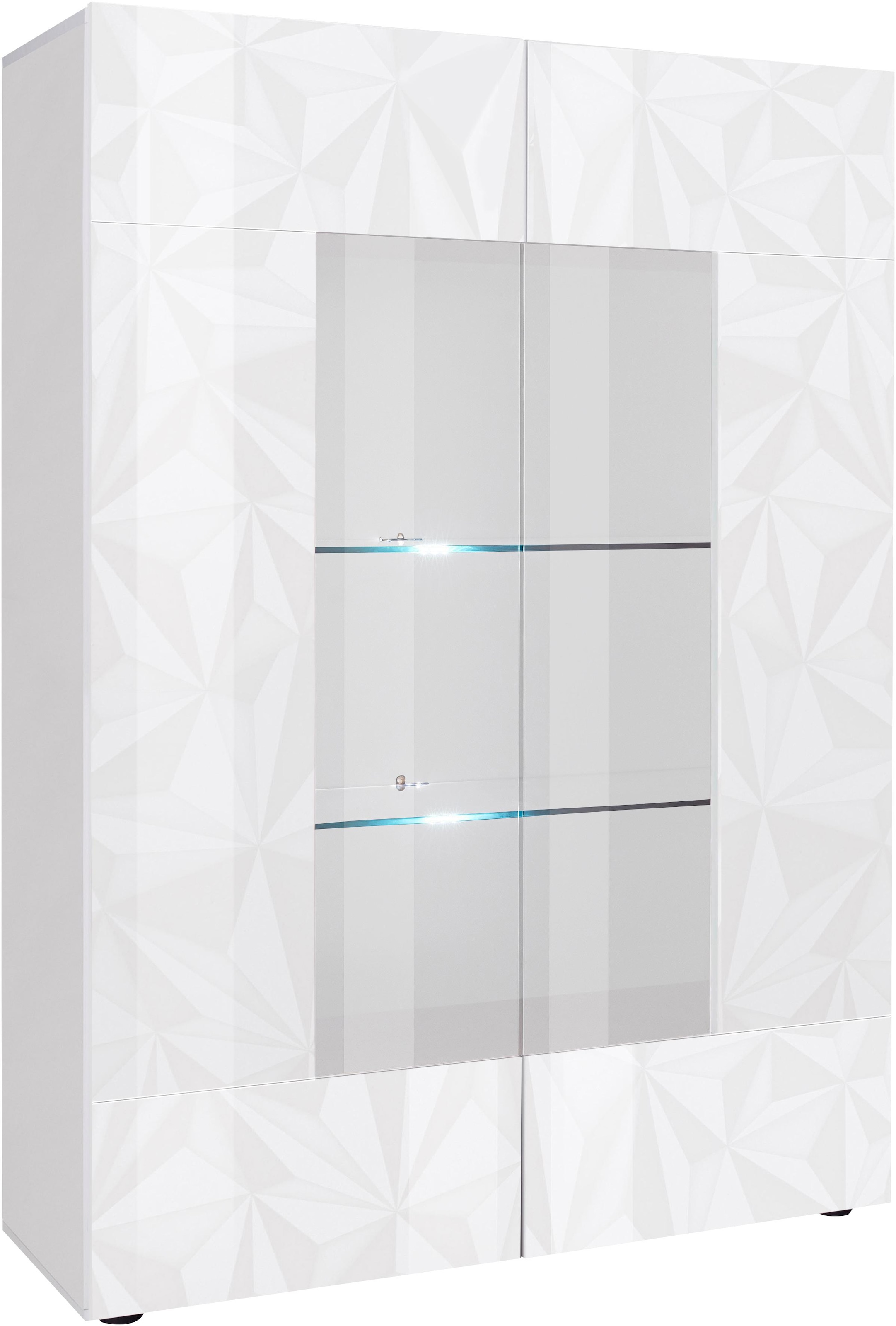 INOSIGN Vitrine »Prisma Höhe 166 cm, Breite 121 cm, Stauraumvitrine mit 2 Türen,« Standvitrine - Front mit elegantem Siebdruck, grifflos, viel Stauraum