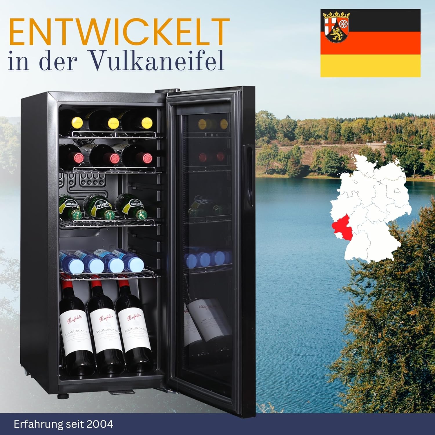 Kühlschrank mit Glastür GK60– Leiser Getränkekühlschrank mit LED, Touchscreen & Schloss kleiner Flaschenkühlschrank schwarz 60L