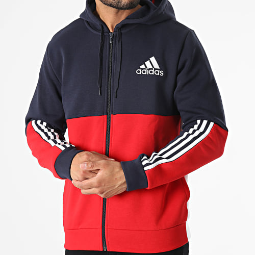 Sweat Zippé Capuche A Bandes HK2880 Rouge Bleu Marine Blanc