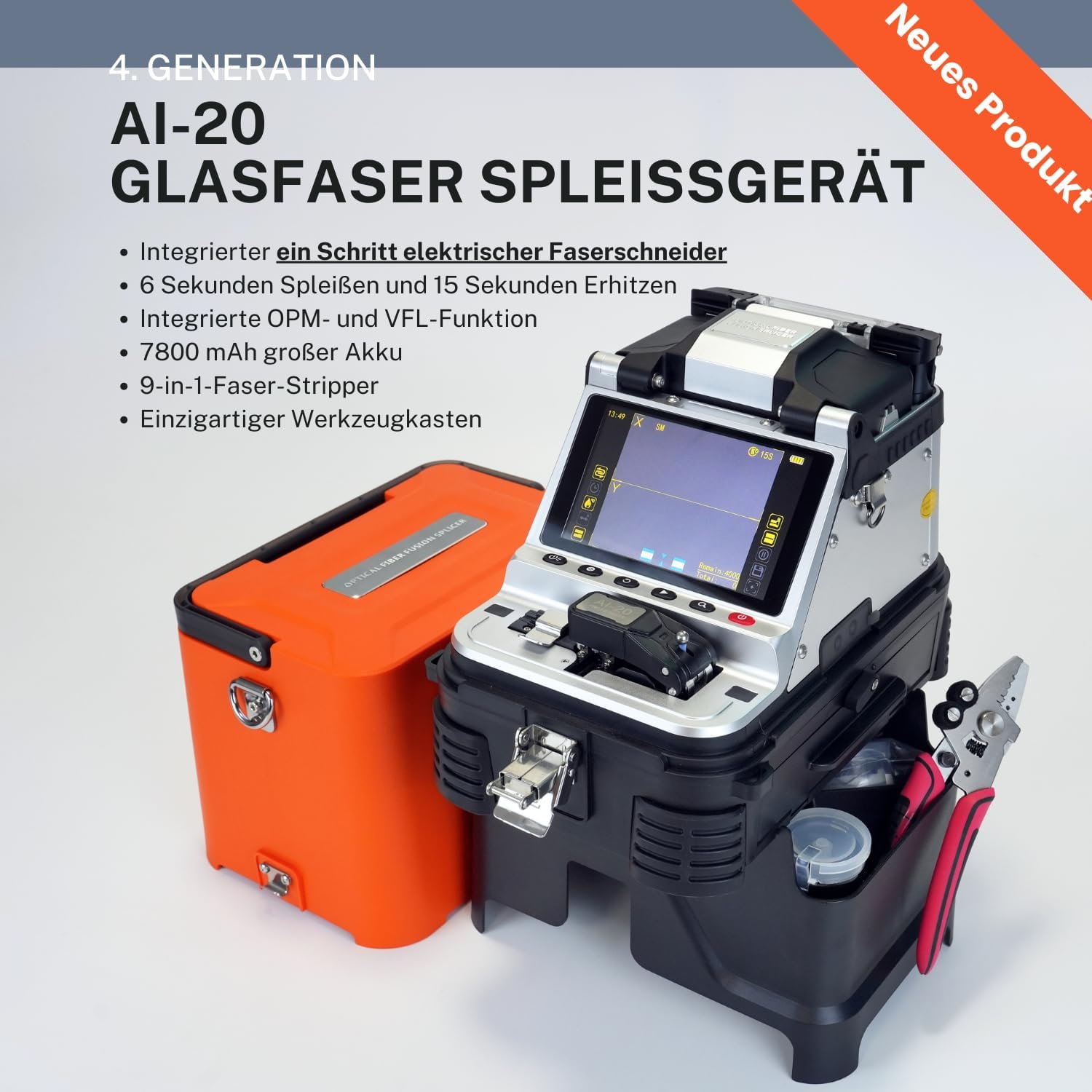 AI-20 Fusion Splicer LWL Spleißgerät Kit mit neu entwickeltem elektrischem Faserschneider, Glasfaser Spleißgerät AI-20 Upgrade von AI-10A mit 6s Spleißen 15s Aufheizen OPM VFL 7800mAh Akku