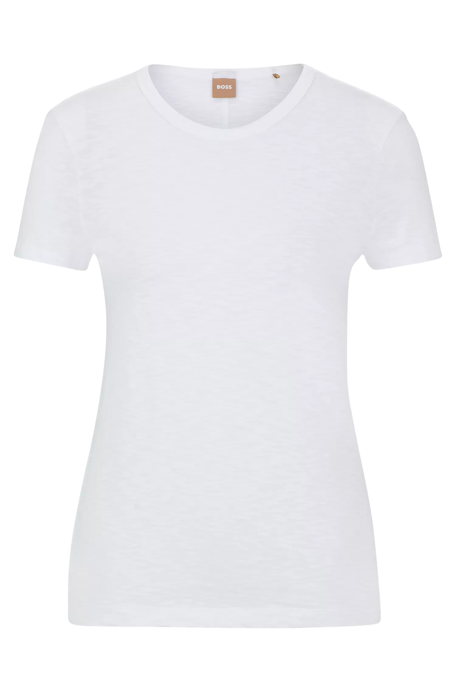 Camiseta BOSS preta de algodão texturizado com modelagem regular e gola redonda.