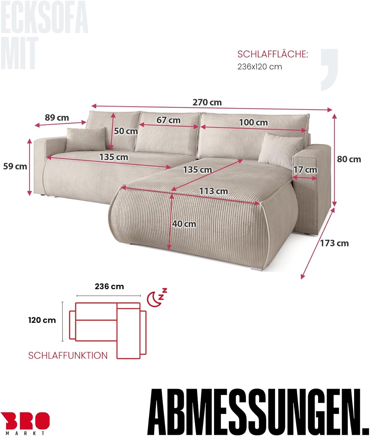 BROMARKT Sofa mit Schlaffunktion Couch L polsterreiniger Sofa Bettkasten Schlafsofa für Wohnzimmer Couch freistehend Havana Relaxsofa 3 sitzer 270x173x80 cm Weiß