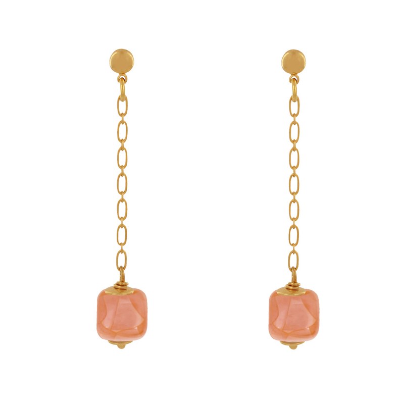 Boucles d'Oreilles Chainette Laiton Doré et Cube en Céramique