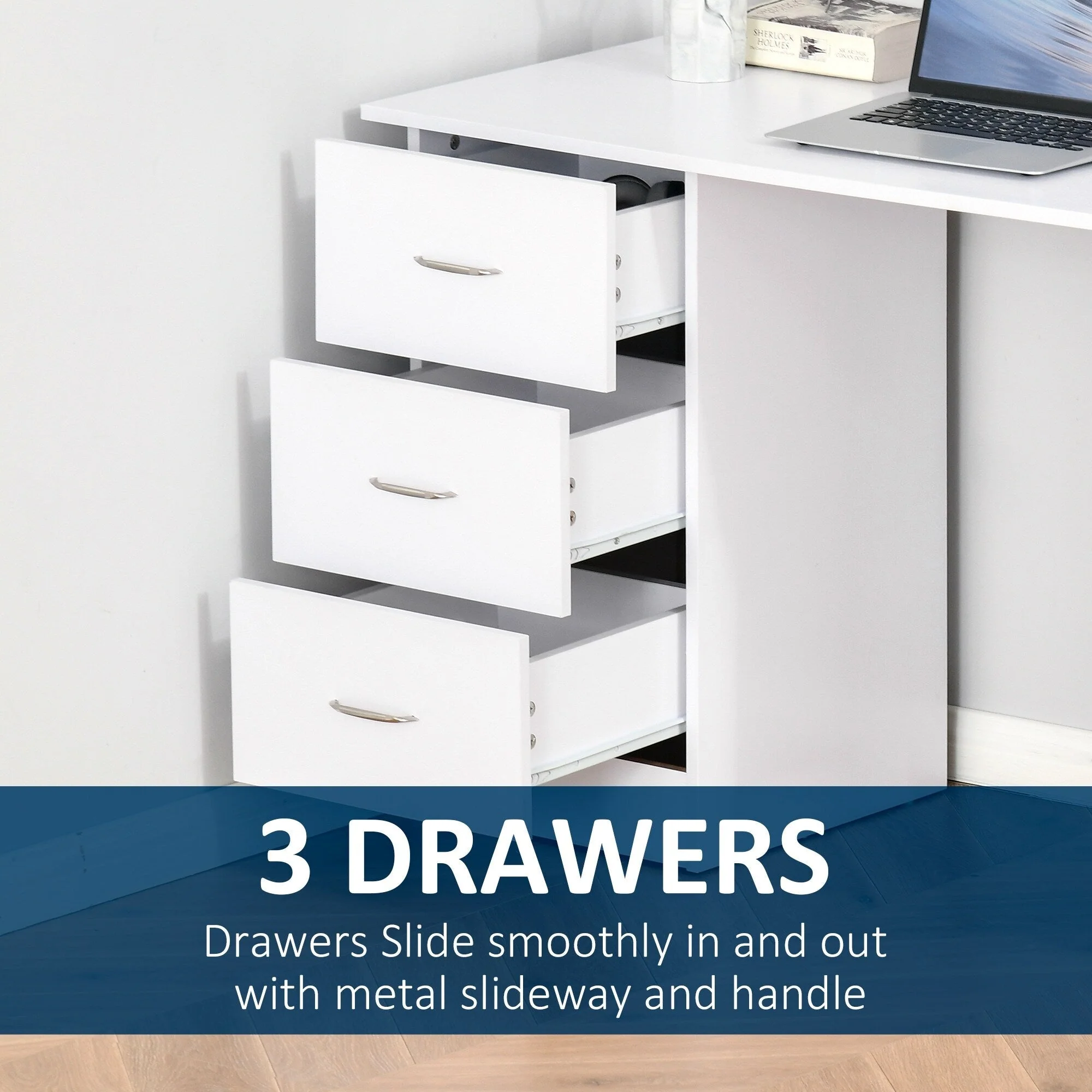 HOMCOM 47 Modern Home Office Computer Desk Bookcase Combo Writing Table Workstation with 3 Drawer and Storage Shelf - White