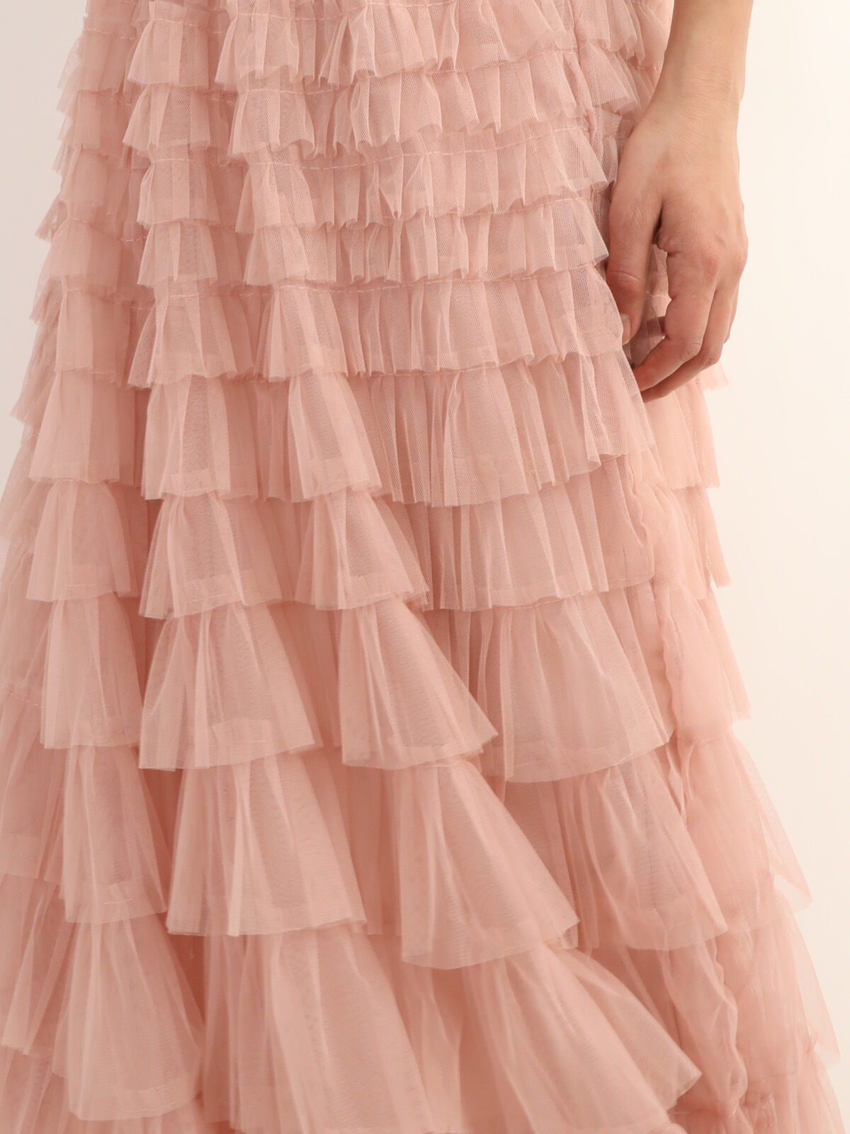 Jupe longue en tulle à volants- Vieux rose