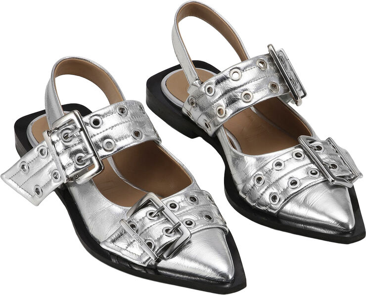 Ganni Feminine Buckle Ballerina Metallic Silver