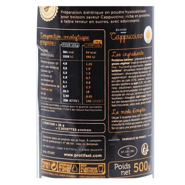 Protifast Bebida Cappuccino Rica em Proteínas, Pote de 500g