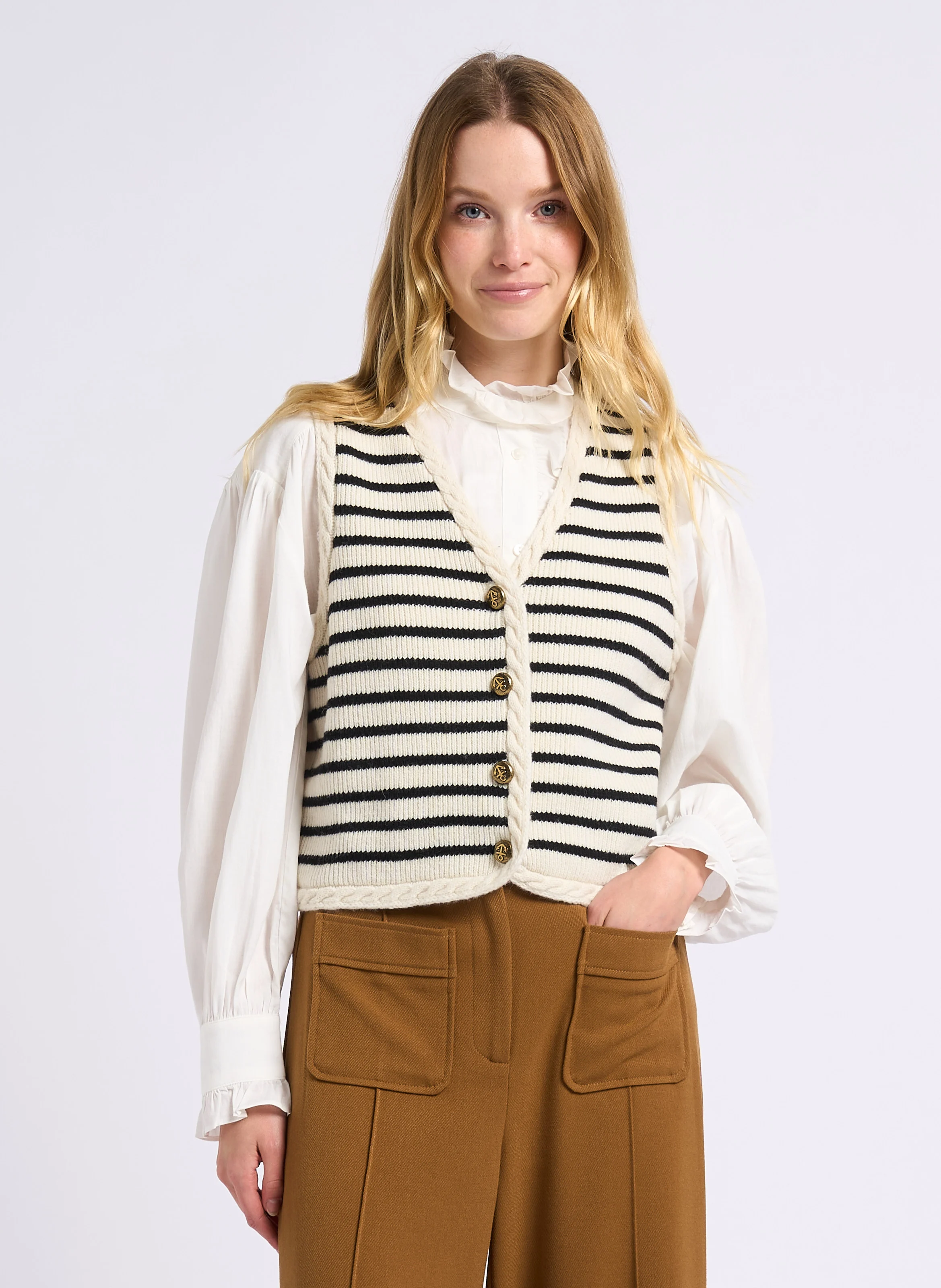 GABINO - Gilet court droit col V en laine mélangée | Blanc