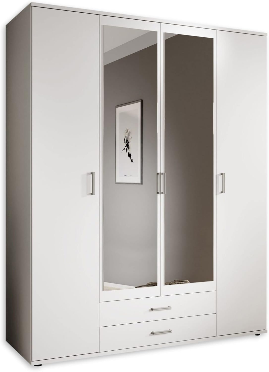 KARL Eleganter Kleiderschrank 4-türig mit viel Stauraum - Vielseitiger Drehtürenschrank in Weiß mit Spiegeltüren - 160 x 196 x 54 cm (B/H/T)