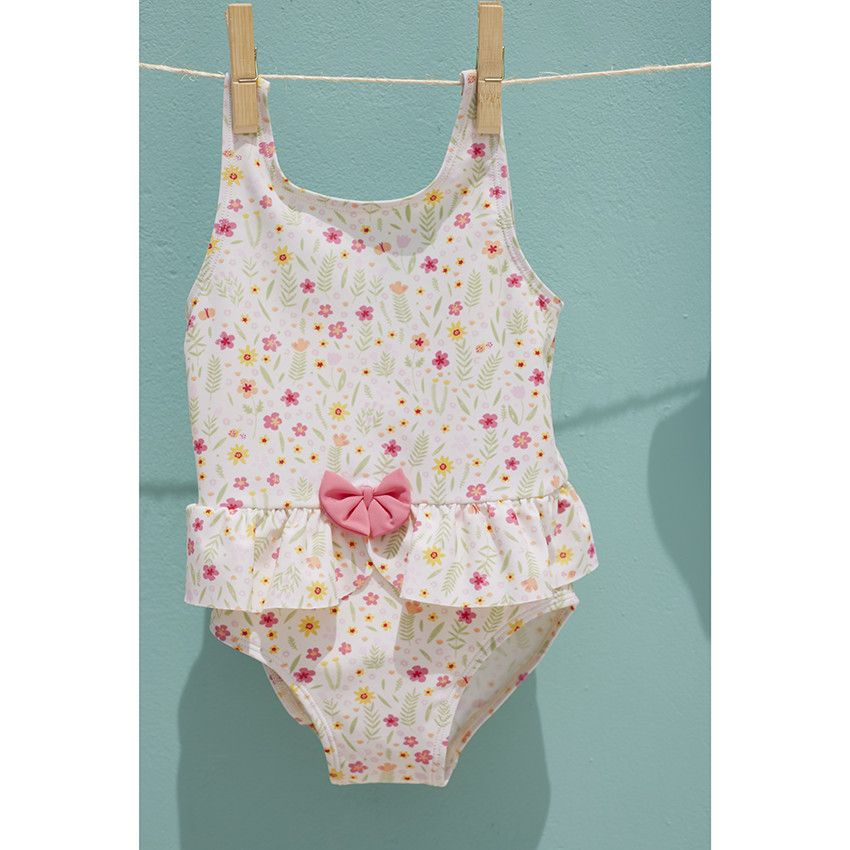 Maillot de bain 1 pièce imprimé fleurs pour bébé fille - Ecru