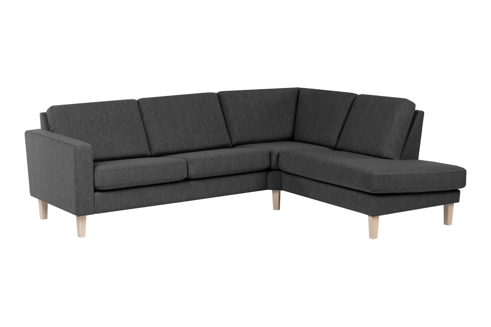 Slogen hjørnesofa Oppsett AH. 2,5-seter med åpen ende høyre. Tekstil Viva Dark Grey med standard ryggpute. Vange B og hvitpigmentert ben 178.